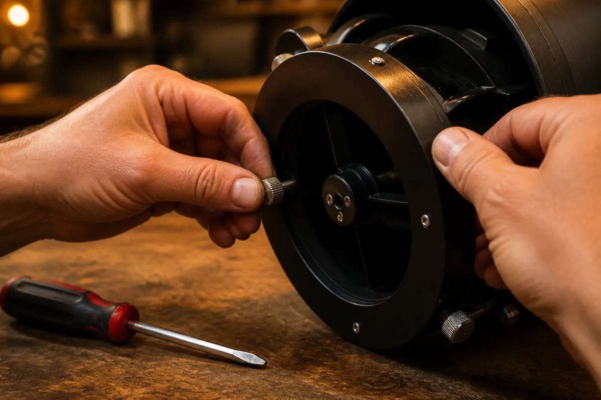 Mains ajustant les vis de réglage à l&rsquo;arrière du barillet d&rsquo;un télescope Newton, atelier éclairé en lumière chaude