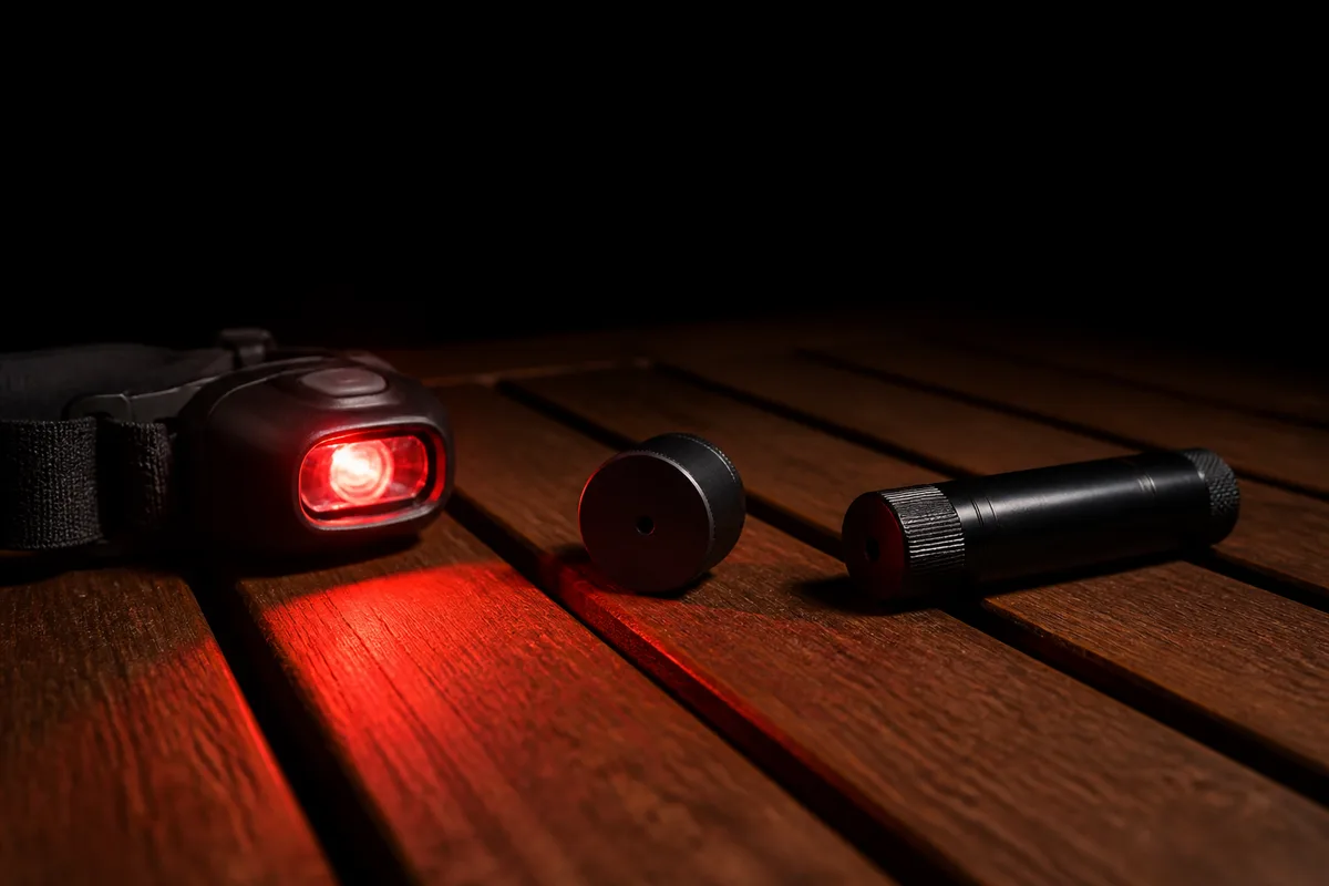 Petite lampe rouge posee pres d&rsquo;un oeilleton de collimation et d&rsquo;un collimateur laser sur une table de jardin