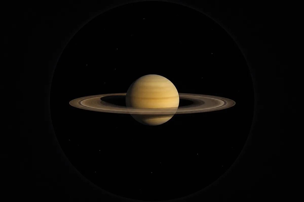 Saturne et son système d’anneaux vus dans l’oculaire d’un télescope, ombre du globe visible