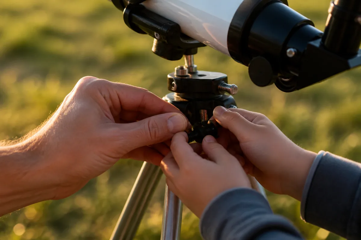 Enfant et adulte installant un petit télescope dans un jardin au crépuscule, mains sur le trépied