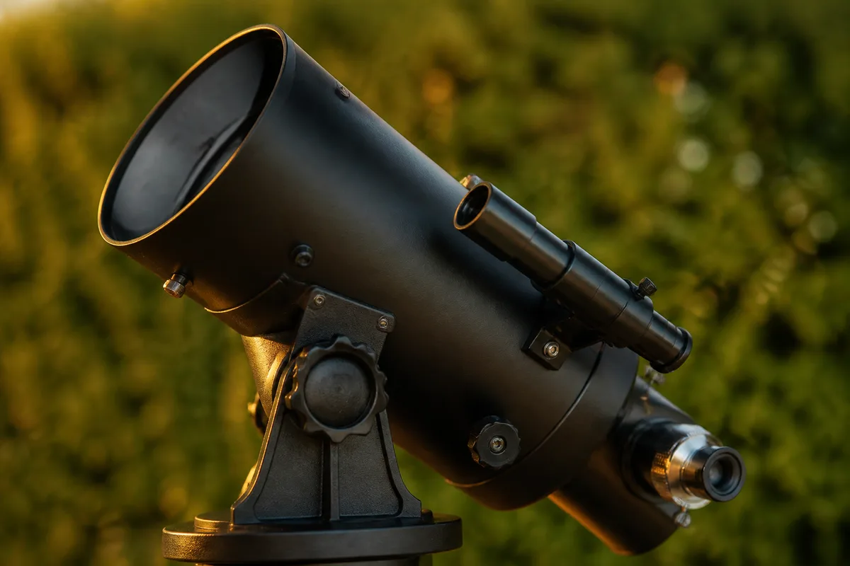 Tube de télescope sur monture azimutale, chercheur et molette de mise au point en lumière rasante