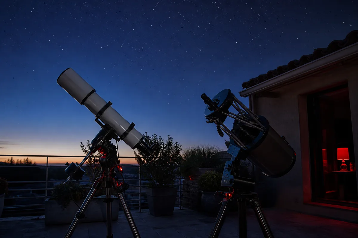 Lunette apochromatique et télescope de Newton installés côte à côte sur une terrasse au crépuscule