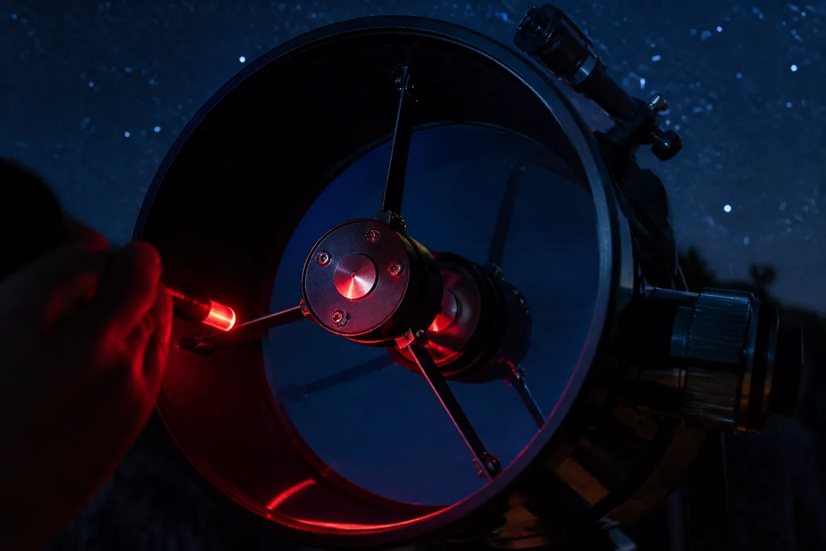 Miroir primaire de télescope inspecté à la lampe rouge, reflets des vis de collimation visibles