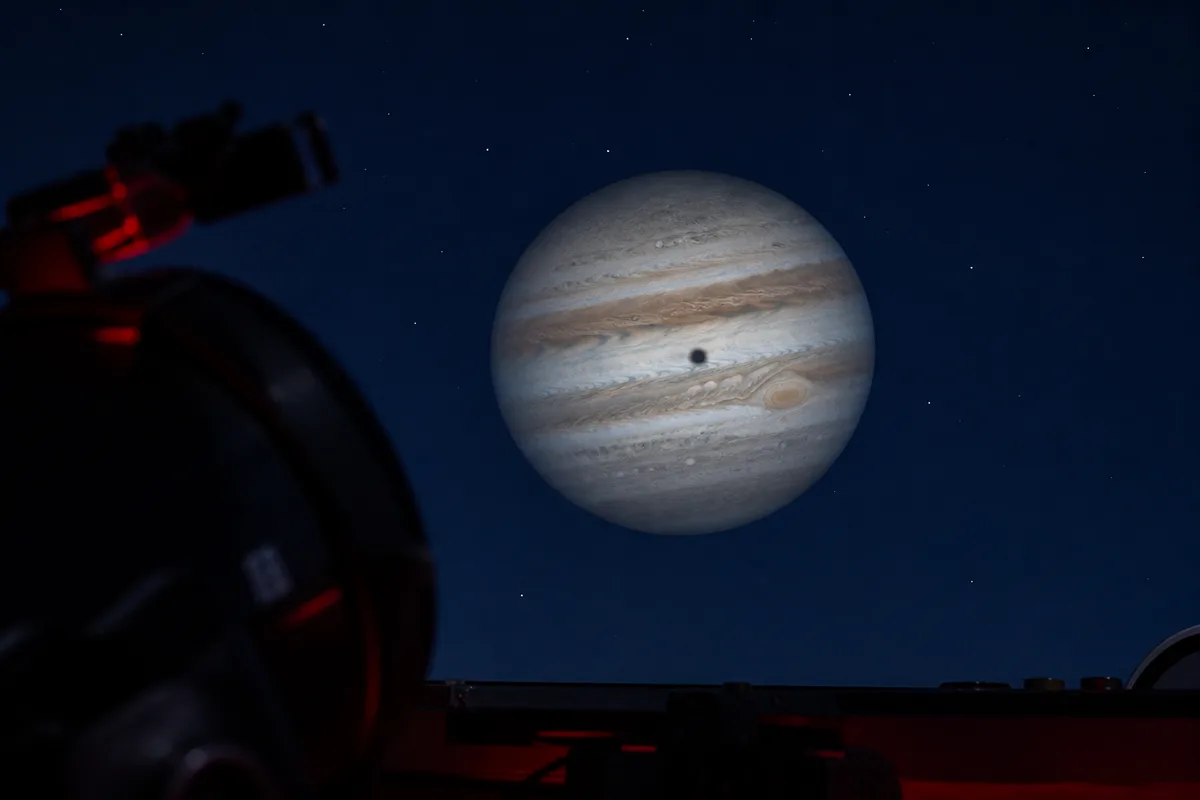 Ombre d&rsquo;un satellite de Jupiter projetée sur les bandes nuageuses de la planète
