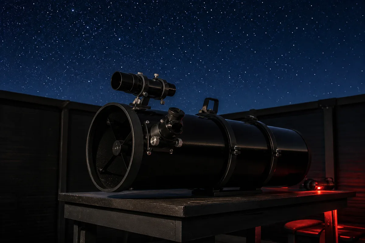Tube de télescope de Newton posé sur une table d&rsquo;observation, porte-oculaire et chercheur visibles