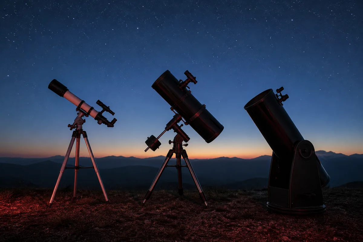 Trois télescopes alignés au crépuscule, une lunette sur trépied, un Newton équatorial et un Dobson
